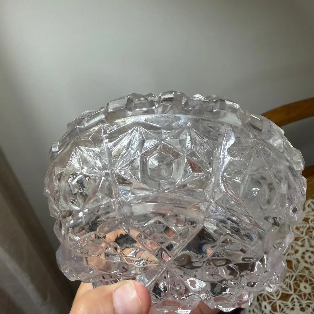 Vintage Glass Diamond Point Clear Covered Candy Dish Footed Oval 5in